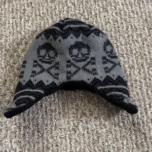 Gray & Black Skull Knit Earflap Beanie